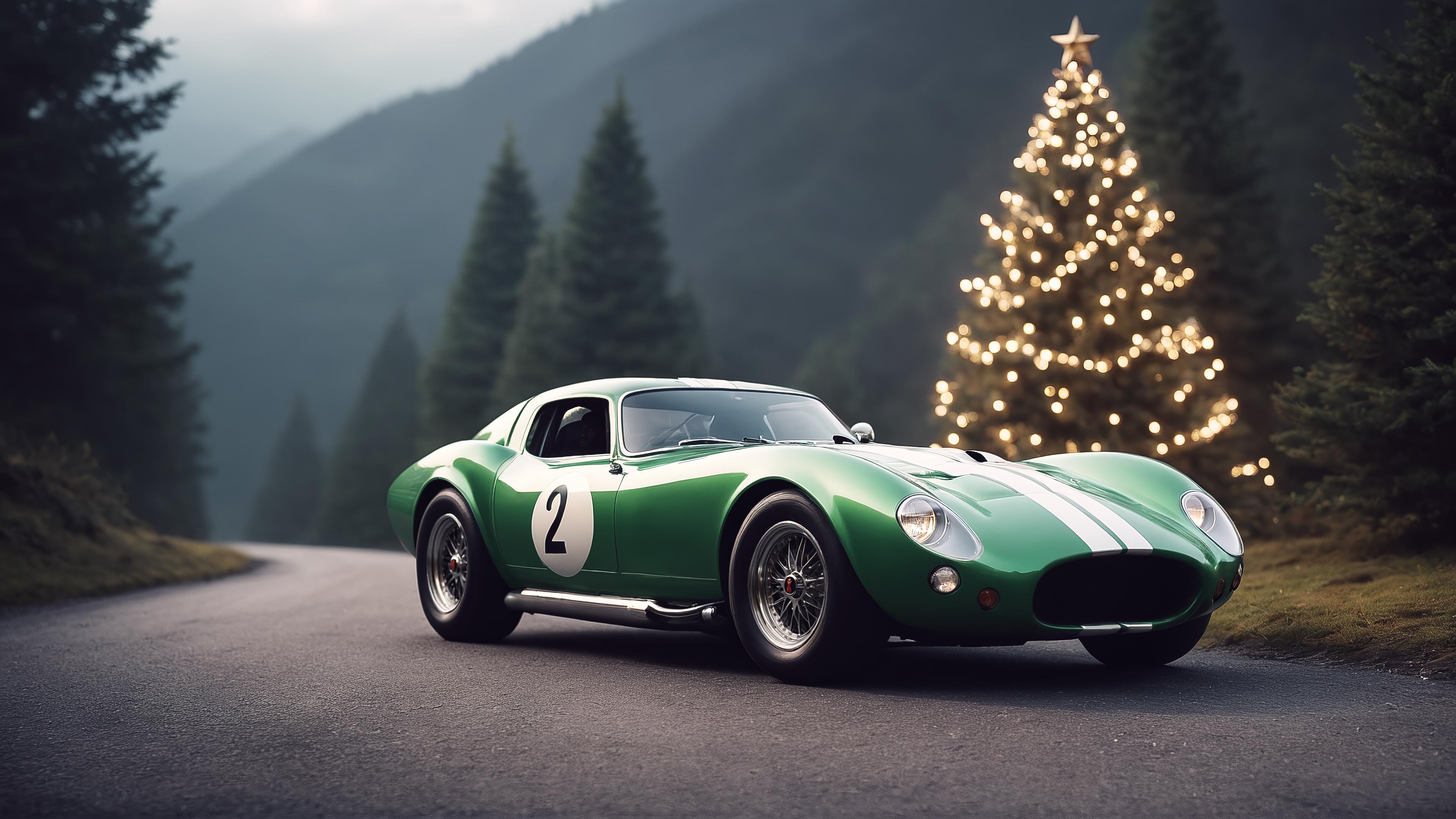 A green sports car with a 2 on the door is parked in front of a lit-up Christmas tree.