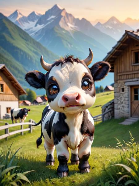 zhibi, chibi, cow, small cow, chibi cow, cute, on a farm, eating grass, in the alps, sun going down on the horizont <lora:zhibi:1>