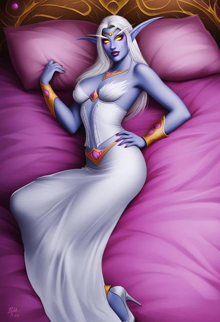 Azshara, Azshara's dress, elf, on bed, seductive expression, hand on hip, lying on side,