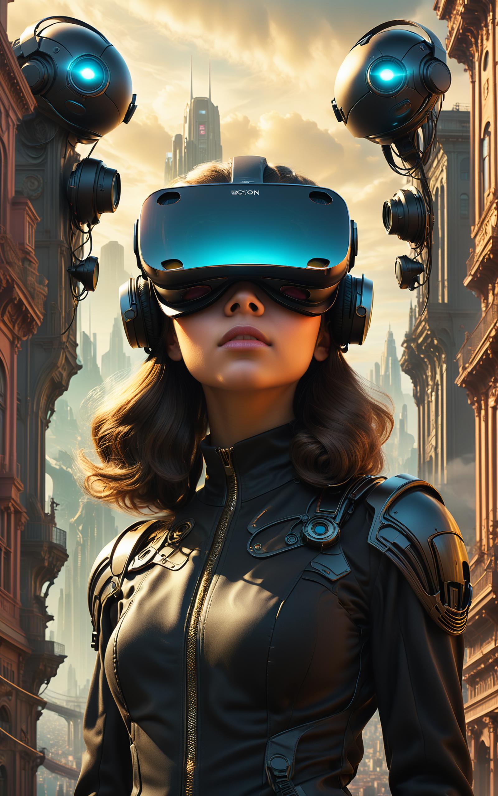 A woman wearing a black jacket and headphones, with a VR headset on.
