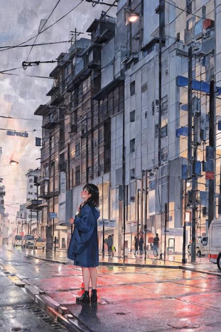 rainbow, outdoors, street, 1girl, road, building, tree, traditional media, black hair, scenery, long hair, solo, real world location<lora:Colored lead_20230801210009:0.8>, (illustration:1.0), masterpiece, best quality,