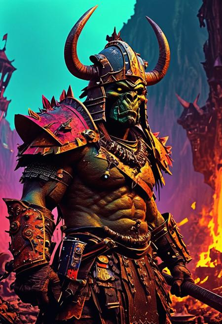 orc chieftain with a horned helmet and a massive warhammer, rallying his tribe for battle
silhouette ,
in the style of the decaying empire of Wrstreich, dark magic and grotesque creatures abound, inspired by Sean Aaberg's punk aesthetic, dark fantasy world combines grim landscapes with vibrant, exaggerated neon colorful art, old 80's VHS dark fantasy, VHS screen grab, grainy, old footage