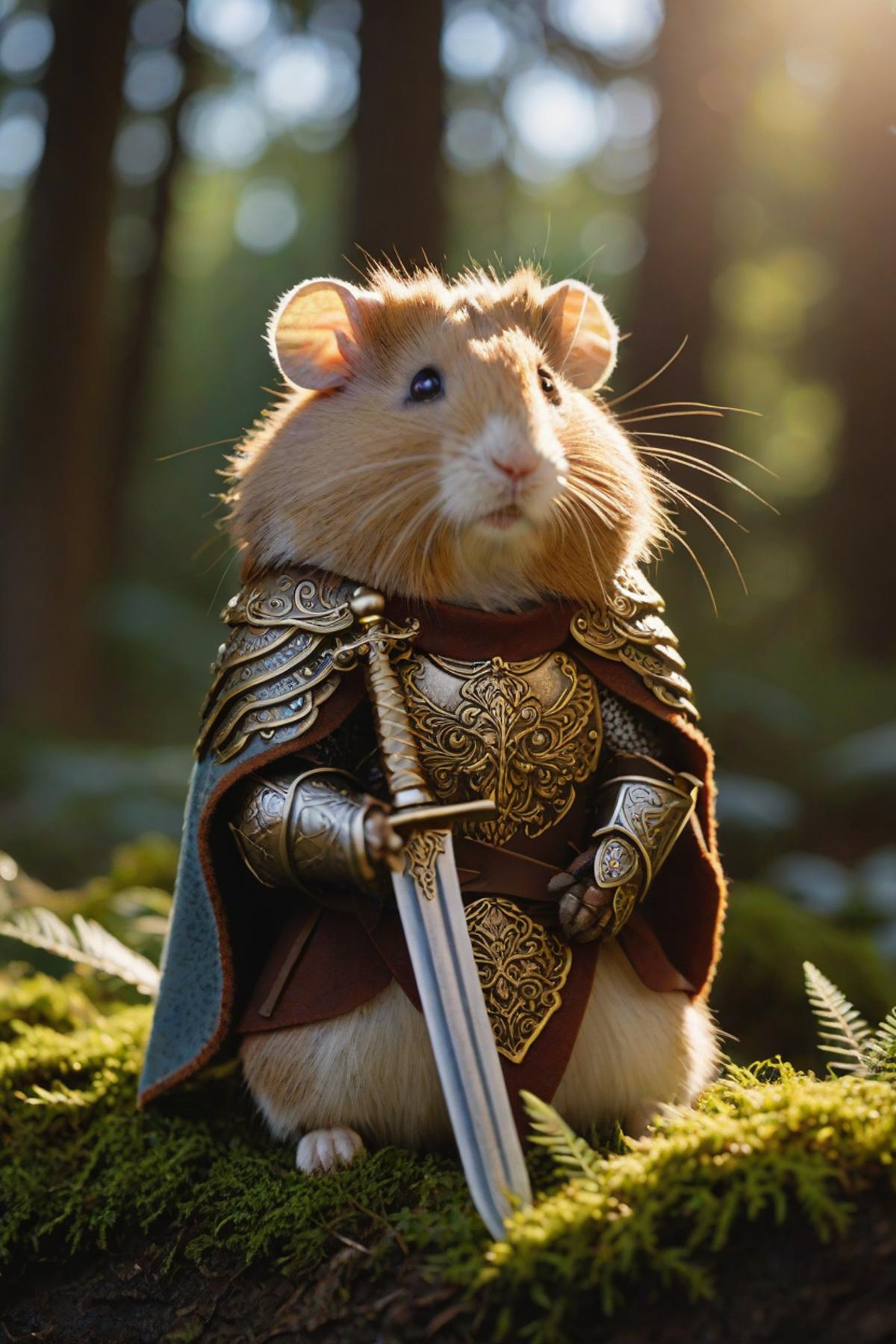 A hamster wearing a knight's armor and holding a sword.