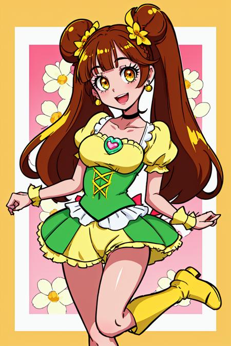 1girl, solo, yotsuba alice, long hair, jewelry, twintails, short sleeves, smile, hair ornament, bike shorts, heart brooch, shorts, hair flower, shiny, shiny hair, brooch, very long hair, green choker, double bun, looking at viewer, earrings, hair bun, choker, brown hair, bow, bangs, yellow eyes, yellow shorts, breasts, open mouth, floating hair, yellow dress, thigh gap, standing, short shorts, flower, standing on one leg, dress, boots, shorts under dress, puffy sleeves, ribbon, shorts under skirt, puffy short sleeves, short dress, skirt, :d, <lora:Prettycure v2:0.6>