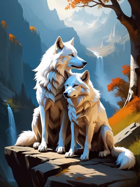 <lora:06NatureArt_Hap_XL:3.9>, Albert Bierstadt style, Vibrant and dynamic illustrations and vectors, artstation trending, 4k resolution, Masterpiece,highly detailed,  <lora:add-detail-xl:0.0001> ,<lora:hand 4:0.0001>,  tilted angle, moody lighting, p3tl0v3, white wolf, hugging white wolf, dim lighting, medieval fantasy, perfect quality, high quality, photorealistic, sitting BREAK orange and blue hue, (abstract:0.2), expressiveH,