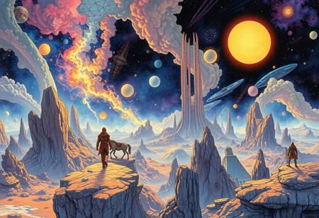 In the unpublished and breathtaking image (far beyond the unseeable) by Moebius, the essence of the Master's artistry shines through with remarkable clarity.  As your eyes wander across the canvas, you'll encounter a harmonious fusion of elements that defy convention and ignite the imagination. It is a visual symphony that stands as a testament to Moebius's boundless creativity. Vibrant and sublime colors dominate the image, bursting forth with a luminosity that captivates the viewer.