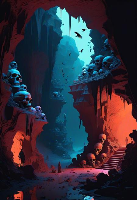 Noir silhouettes in fantastical cave, vivid flat color scheme, abundant skulls, ethereal ghosts taking flight, dark chiaroscuro lighting, 2D illustration by Jean Giraud Moebius and Marc Hollenstein style fusion, Artstation