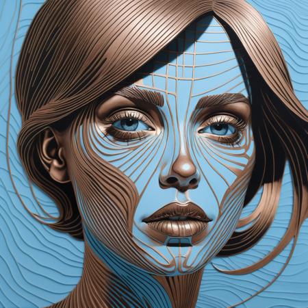 doodle art 3D, in the style of pop art-inspired portraits, interference patterns, light sky-blue and bronze, realistic hyper-detail, engraved line-work, graphic novel, face of a woman