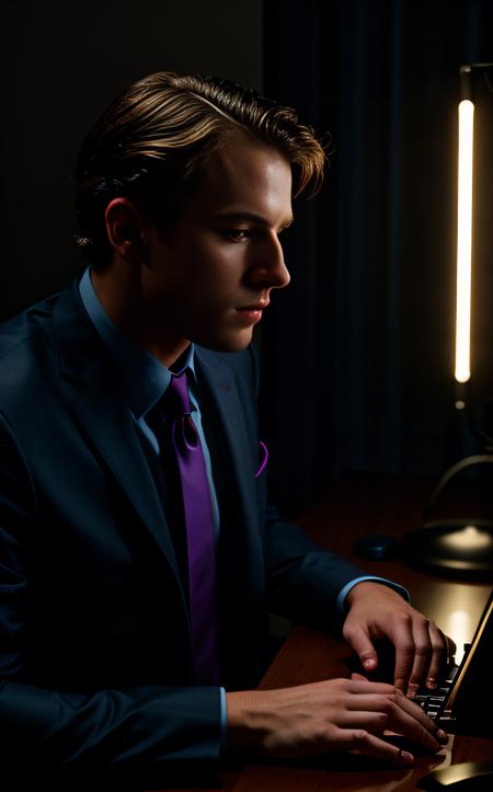 cinematic film still ((bright neon colors)), (top-quality, 8K, masterpiece:1.3) A photo of a sleek, young professional, typing furiously, wearing a tailored suit, in a modern office setting taken with a 50mm prime lens, highly detailed, detailed skin, soft natural lighting
<lora:epi_noiseoffset2:1>  . shallow depth of field, vignette, highly detailed, high budget, bokeh, cinemascope, moody, epic, gorgeous, film grain, grainy