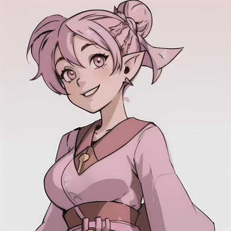 smiling, ((high resolution illustration)), ((extremely detailed)), (masterpiece), girl, (amity with pink hair bun and (brown shaved hair:1) and pointy ears), (Amity), big breasts, <lora:LuzandAmitySeason3:0.9>, simple background, (white background),