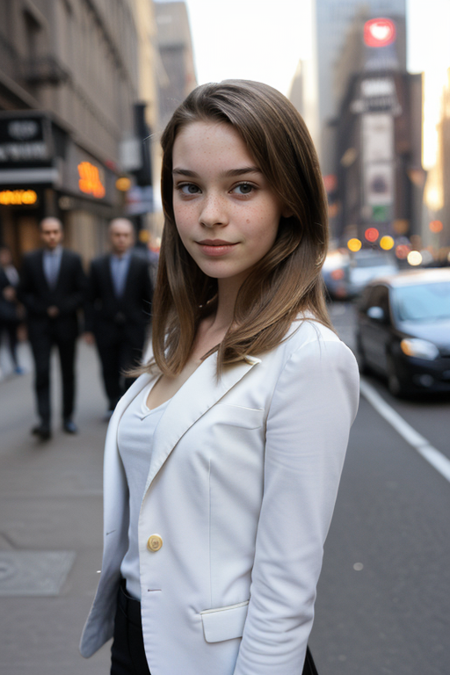 IdaRaun, photography by (Rodney Smith:1.3), ((upper body focus, shoulders)), modelshoot, pose, (business suit, black jacket, white blouse, facing viewer, busy Manhattan sidewalk, looking at viewer, blurry background, bokeh, ID photo:1.3), serious look