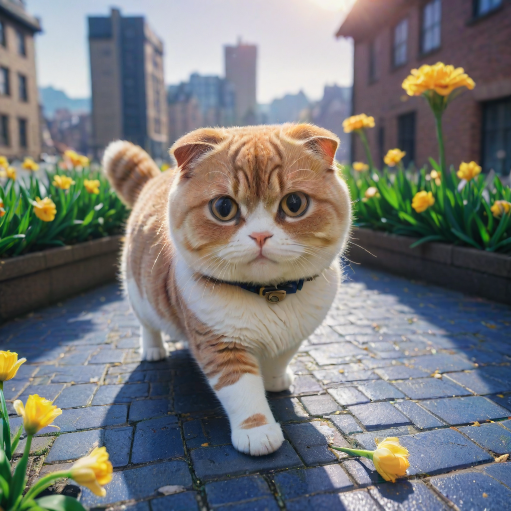 (designed by Atey Ghailan:0.7) and (Sakimichan:1.2) , anime key visual, hyper detailed, overhead angle of a Furious 1800'S (Scottish Fold Cat:1.3) , city and Daffodil background, Bantu flowers and Neutron star in background, Hurricane, shallow depth of field, Cel shading, Fairy-Tale, mosaic, hair light, F/14, Provia, Cross Processing, epic fantasy, RTX, beautiful