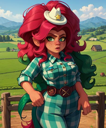 DeltaDawn, green eyes, freckles, hooves, large pink hair, blue horse tail,
DeDre,green plaid shirt,  white tiny sheriff hat with star, belt,
morning,  countryside, farm, 
 (insanely detailed, beautiful detailed face, masterpiece, best quality) <lora:DeltaDawn-10:0.7>