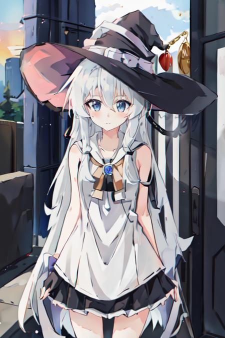 <lora:Elaina_v1.1:1>, one girl, grey long hair, blue eyes, cold face, witch hat, white sleeveless tops, black skirt, necklace, sunset, masterpiece, best quality,