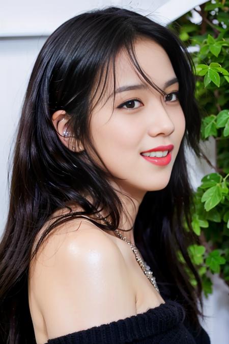 (8k, RAW photo, best quality, highres:1.2), (realistic, photo-realistic:1.37),  bright teeth, open mouth, smile, happy, close-up,
1girl,   Jisoo, solo,
bestlighting, extremely detailed eyes, diamond stud earrings, long straight hair, dark hair,  red lips,  lace , strapless,  see-through, alluring eyes, upper teeth,
(outdoors) ,   looking at viewer,