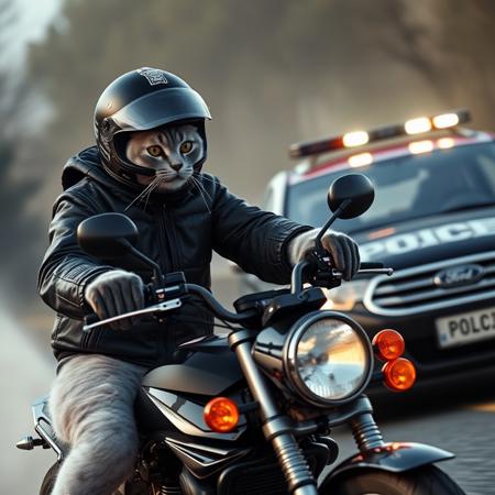 Ultra realistic. white grey brown cat with helmet and black leather jacket  on a motorcycle, dust from wheels, black cat with police cap chasing in an ford car with police logos
