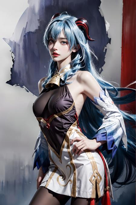 <lora:ganyu:0.7>, gan_yu,realistic, photorealistic, cowboy shot, 1girl, ((blue hair)),((long hair)), large breasts, purple eyes, horns, cowbell, bare shoulders, black bodysuit, black pantyhose, detached sleeves, white sleeves, ((white skirt)), chinese knot,fantasy, high contrast, ink strokes, explosions, over exposure, purple and red tone impression , abstract, ((watercolor painting by John Berkey and Jeremy Mann )), brush strokes, negative space, <lora:add_detail:1>