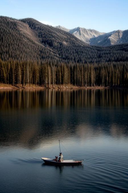 masterpiece, best quality, ultra-detailed, realistic, 8k, RAW photo, distant-view, (fisherman fishing troubles on small boat in the middle of the lake, small fish were flying on the water around the fisherman:1.37), eagle on distant trying to catch the fish, emphasize some little birds flying around, award winning realistic photography, morning, a bit cloudy, scenery photography, perfect shadow, perfect natural lighting, rich colors, perfect composition, perfect colors, flawless complexion photo, perfect intricate detailed, lakes, surreal, lifelike, real life scenery photo, top quality, trending on artstation, meadows, glitter, prettiest landscape, all kinds of flowers, fantastic, stunning, outstanding, finding nemo, breathtaking beautiful nature photo, out-of-this-world scenery, perfect reflection on water, depth of field, fisherman best day, detailerlora,