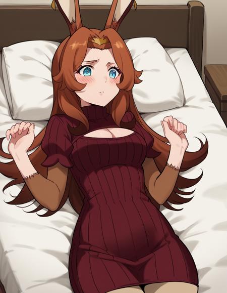 delilah, long hair, brown hair, animal ears, blue eyes, rabbit ears, medium breasts dress, cleavage, cleavage cutout, puffy sleeves, short sleeves,