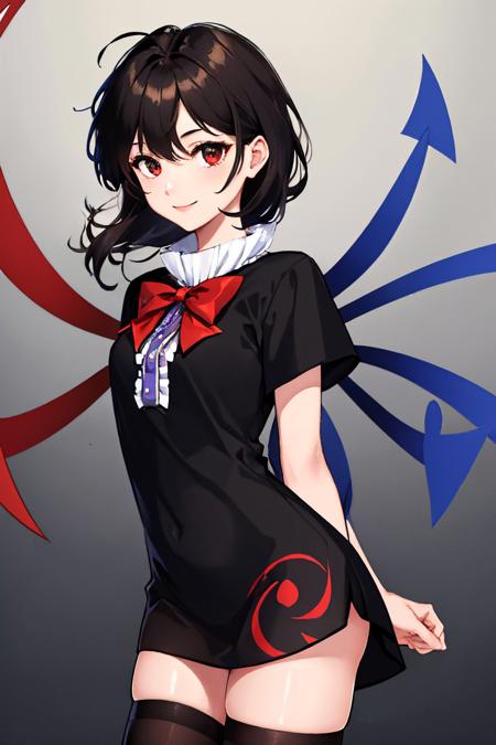 houjuu nue black dress red bowtie short sleeves black thighhighs asymmetrical wings