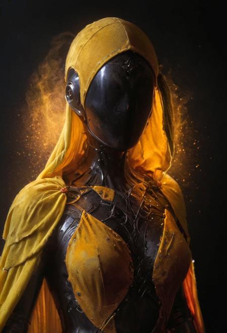 AtomicHeartTwinsCosplay in absolute darkness, profoundly no light, 
pointed hat, translucent skin, amazing quality, masterpiece, best quality, hyper detailed, ultra detailed, UHD, perfect anatomy, portrait, dof, hyper-realism, majestic, awesome, inspiring, closeup, an weathered outworn old Fantasy cape, smooth, Closeup, rust paint peelz, atmospheric haze, cinematic composition, soft shadows, national geographic style, yellow and purple electric sparks, crawling on four, looking at viewer