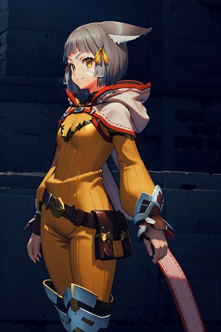 <lora:NiadajiaV3:0.8>,niadajia,1girl,solo,grey hair,short hair,blunt bangs,tips pointing backward cat ears,yellow head ribbon,white facial mark,yellow eyes,smile, 
high-collared yellow bodysuit with white trim,pink hood with pairs of long ribbons,flat chest,hood down,black white gauntlets,metallic buckle belt,black white leg armor with red boots,, Exquisite visuals, high-definition,masterpiece,best quality,Exquisite visuals,high-definition,masterpiece,best quality,18yo,Young female,Beautiful Fingers,Beautiful long legs,Beautiful body,Beautiful character design,