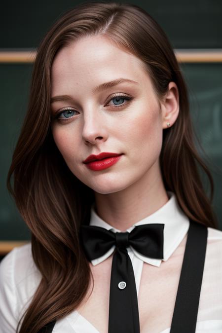 photo of a woman, racheln-2652:0.99, ((pale skin)), ((dark brown hair)), ((bowtie, white shirt)),((closeup, portrait):1.2),((classroom, chalkboard):1.3),((red lipstick, eyeliner, eye shadow, blush):1.2), ((best quality, masterpiece, extreme details, high resolution):1.2),((detailed eyes, beautiful eyes, detailed face, beautiful face):1.2), photo of the most beautiful artwork in the world, professional majestic (photography by Steve McCurry), 8k uhd, dslr, soft lighting, high quality, film grain, Fujifilm XT3 sharp focus, f 5.6, High Detail, Sharp focus, dramatic