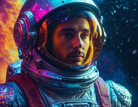 cinematic still Dynamic view of a holographic magical astronaut, painting looks to be life like, magical multicolored ink, high quality, imagination, 8k, fantasy art, vivid magical colors . emotional, harmonious, vignette, 4k epic detailed, shot on kodak, 35mm photo, sharp focus, high budget, cinemascope, moody, epic, gorgeous, film grain, grainy, Dynamic view of a holographic magical astronaut, painting looks to be life like, magical multicolored ink, high quality, imagination, 8k, fantasy art, vivid magical colors, glowing, mystical, cinematic, highly detailed, very sharp, stunning, intricate, elegant, epic composition, colorful, amazing fine detail, professional color, best, atmosphere, creative, beautiful