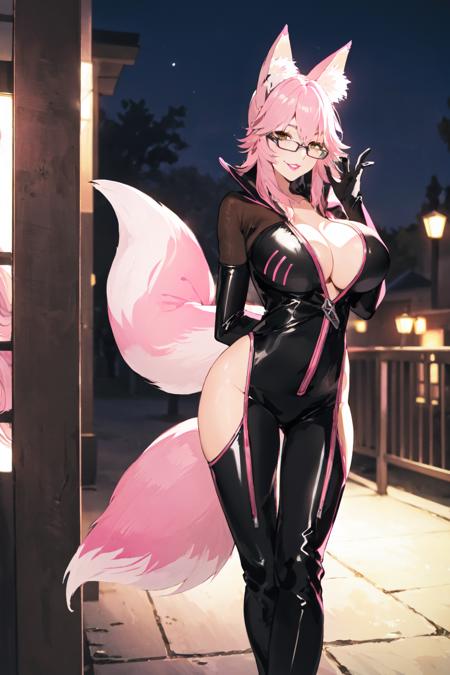 (AS-Adult:1.2), 1girl, solo, masterpiece, best quality, koyanskaya \(fate\):0.95, (huge breasts:1.25), yellow eyes:1.5, seductive smile:1.2, (absurdly long hair:1.4),  glasses, pink hair:1, , (mature female:1.2), (red lips:1.2), seductive expression, (night time, night:1.5), lights off, (fox ears:1.2), animal ears, ((pink fox ears:1.4)),  seductive smile:1.2,  (slim waist:1.2), (pink fox tail:1), contrapposto,  hair between eyes,  (pink fox tail:1.5), 1, curvy,  nice hands, perfect hands, <lora:GoodHands-beta2:1.0>, <lora:Koyan-dama-2:0.6>, koyan-la1, black bodysuit, cleavage:1, partially unzipped, red lips:1, hip vents, high heels,