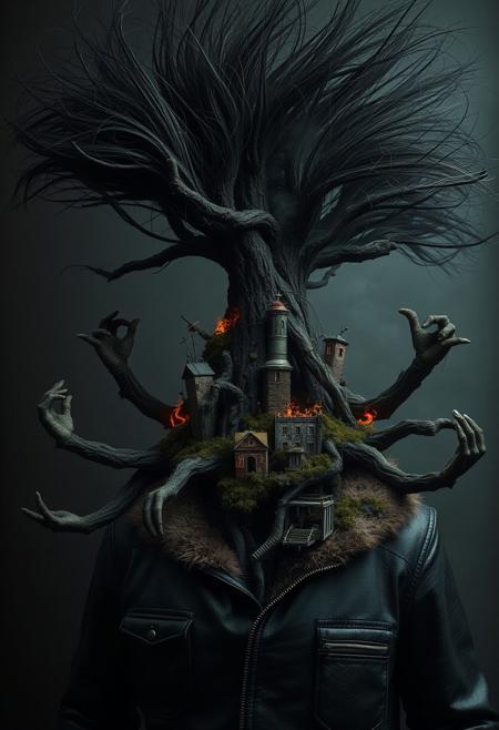 Subject: Tree entwined by multiple human-like arms
Arms: Wild, windswept black hair with exaggerated spikes, adding dynamic energy
Tree: Dark, moss-covered bark, central focus of the image
Environment: Miniature burning city integrated into his head, with flames, smoke, and crumbling buildings
Lighting: Soft and diffused, minimal highlights, emphasizing eerie shadows
Heavy leather jacket with fur-lined collar, detailed texture, dark tones
Mood: Creepy, mysterious, and otherworldly
Hyper-realistic surrealism with intricate details and dramatic contrasts