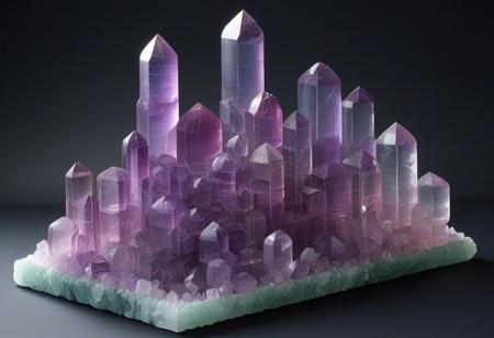 Fluorite Cityscape:
Concept: Arrange a variety of fluorite crystals of different sizes and colors to create a miniature "cityscape." Think towering skyscrapers, smaller buildings, and glowing avenues.
Details:
Use larger cubic or octahedral fluorite crystals as the main "buildings."
Intersperse smaller crystals to create variations in height and texture.
Consider a dark, textured background (like black velvet or slate) to make the fluorite colors pop.
Lighting: Side-lighting or backlighting can emphasize the geometric shapes and create dramatic shadows, adding to the cityscape feel.