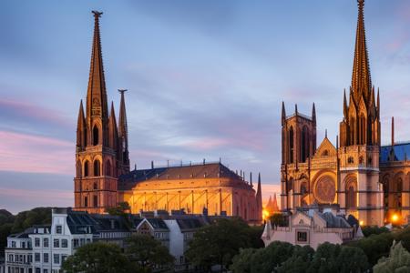 wide angle aerial view, dvArchGothic and dvArchVictorian style buildings, professional architecture photography, 16mm, f8, portrait, photo realistic, hyperrealistic, orante, super detailed, intricate, dramatic,dramatic sunset lighting, shadows, low contrast, desaturated