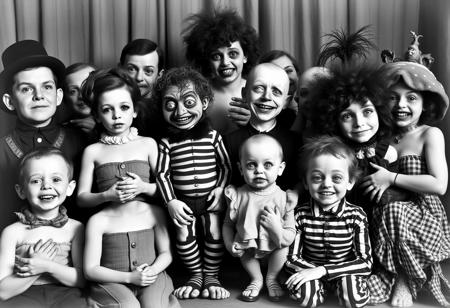 A picture showing some freaks show,circus freaks, inspired from tod browning film freaks,lot of freaks all posing in front of the camera like harry earles,daisy doll earls,daisy and violet hilton,schlitze surtees,jennie lee and elvira snowjohn merrick,prince randian,lady olga roderick, johnny eck,Minnie Woolsey,Elizabeth Green,Angelo Rossitto,black and white picture,detailed picture with their specific body anomaly,body difformity,elephantiasis,siamese body,nanism,Microcephaly,