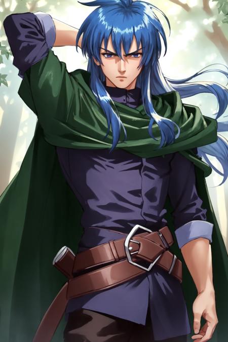 DiasFlac  green cape, purple shirt, armor, blue hair, long hair
