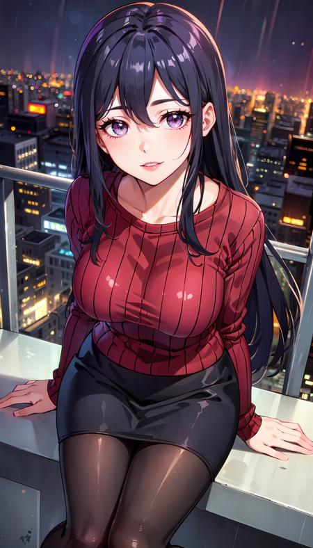 long hair black hair purple sweater purple eyes black skirt hair between eyes pantyhose