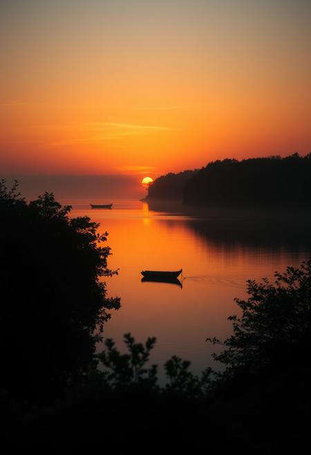 This image captures a serene scene of a lake at sunset. The sky is painted in hues of orange and yellow, while the sun gently dips below the horizon. A small boat is visible in the foreground, adding to the tranquil atmosphere. The lake is surrounded by lush green trees and bushes, enhancing the overall beauty of the scene, warm orange and pink hues casting a beautiful glow, cinematic lighting, detailed digital painting by Aaron Blaise and Robert Bateman and Carl Runguis, 4k resolution, hyperrealistic rendering, ethereal atmosphere. highly detailed and hyper realistic photo, by Alena Aenami , by Archibald Thorburn , by Daniele Afferni , in the style of  monochromatic silhouette reflection,  limited dark palette, unusual dark colors, faded colors, atmospheric haze, highly dramatic cinematic lighting, motion blur, film grain,  professional, excellent composition, finest details, maximized details, ultimate detail level, masterpiece, best quality