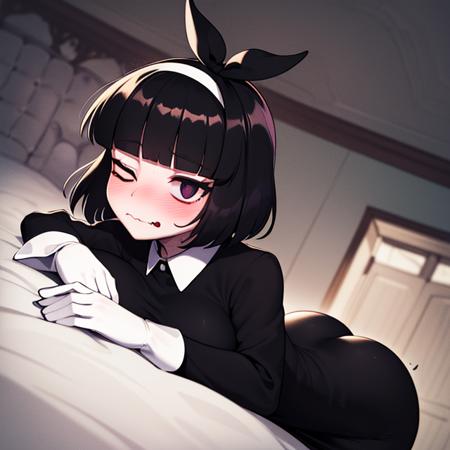 Susie, short  black hair, bags under eyes, (right eye half closed:1:1), (left eye open1:2),  black eyes,  grey skin, wavy mouth, black eyeliner, (solo:1.2) ass focus, blush,
fully body, laying down,
SuDr, tight long black dress with white collar, long sleeves, long white gloves, (white hairband:1.1)
in a dark room, gothic room,
(insanely detailed, beautiful detailed face, masterpiece, best quality) <lora:Susie-10v2:0.7>