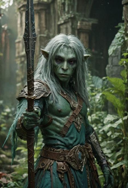 photography in the style of Labirynth, the dark crystal  movies, green, close up of (nature) and (fantasy) creature with a (diminute:1.7) sword stained with (detailed:1.5), in a beautiful and ruined ,fantasy,hyper detailed, real skin imperfections, hard lighting, bokeh, ((curi:1.2))(inspire forms in most beautiful New race:1.4) (beautiful:1.4) (ambient fantasy:1.5)(warhammer world:1.0)