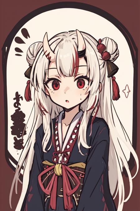 masterpiece, best quality, nakiri ayame, double bun, streaked hair, red eyes, oni horns, white hair, gradient hair, tassel hair ornament, surprised