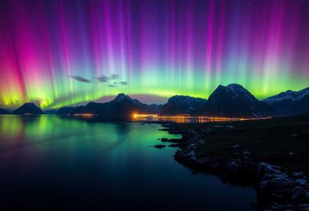 Stunning Aurora Borealis over Lofoten Islands coastline, vibrant colors, dramatic sky, high detail, landscape photography, breathtaking scenery, cinematic lighting, hyper-realistic, 8k resolution, beautiful reflection on water, nature photography, by Ansel Adams and Art Wolfe