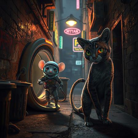 Two tiny mice, dressed in high-tech, advanced spacesuits with glowing visors and futuristic gadgets, are stepping out of a small, sleek alien spacecraft. Their faces are lit with excitement and wonder as they eagerly anticipate meeting Earth's inhabitants. However, they’ve mistakenly landed in a gritty, dimly lit urban alleyway with a few neon signs casting light . The walls are covered in graffiti, and trash bins line the narrow space. Emerging from the shadows, an alley cat with a muscular physique, sleek fur and piercing gold and green eyes is poised to pounce, toward the unsuspecting mice. The scene is illuminated by a flickering streetlight neon and neon signs, casting eerie shadows across the alley., architecture, fashion, poster, 3d render