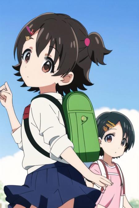 Sasaki Chie, Akagi Miria,
2girls, backpack, bag, black eyes, black hair, brown eyes, brown hair, child, female child, hair ornament, hairclip, multiple girls, pleated skirt, randoseru, short hair, skirt, twintails, u149ani
<lora:u149-v4.0:1>