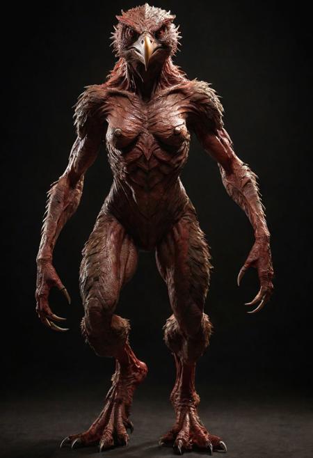 Frontal view. looking forward, looking viewer, full body, realistic professional photography, monster werebird woman, brown and red, cinematic lighting, perfect shading, amazing composition, dynamic angle, 35mm photograph, best quality, masterpiece
