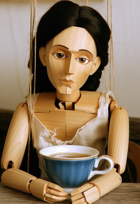 A weathered oak marionette, joints cracked with age, slumps inert at a splintered table, backlit by a dusty amber shaft piercing attic gloom. 
Caravaggio-inspired chiaroscuro carves its hollow face: knotted grain, chipped paint eyelids. Monochrome mahogany tones clash with spectral cobalt shadows cast by tangled threads. miniature porcelain teacup, rests near wooden fingers.
Mood: haunting, arrested agency.