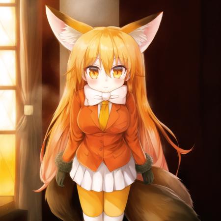 ezo, 1girl, solo, animal ears, fox ears, long hair, fox tail, blonde hair, white pleated skirt, brown gloves, brown fur trim, white bowtie, yellow legwear, long sleeves, yellow necktie, white undershirt, hair between eyes, very long hair, fur-trimmed sleeves, fox girl, bangs, orange eyes, orange blazer, brown loafers, brown tipped ears, brown tail, detailed shading, detailed ambient light