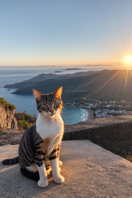 A cat, short fur, dynamic posture, glistening,
outdoors, mountainous horizon, sunrise, ocean,
feeling peaceful and happy, soft light