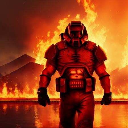 RAW photo, muscular doomguy walking towrd the viewer, (high detailed skin:1.2), 8k uhd, dslr, soft lighting, high quality, film grain, Fujifilm XT3,  full body shot, fire in the background, hell scape, pool of blood
<lora:doomguy-15:1>  <lora:BetterGuns-V1:1>