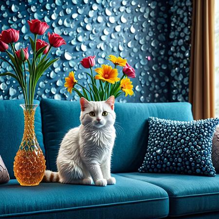 cat made of tearStyle2, indoor, beautiful background, vase, flower, couch, wall decoration, best quality, detailed image, 4k, 8k