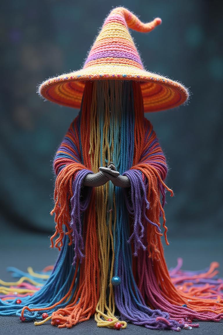 digital mage wearing hat made of rainbow yarn in palace of the floating pearls