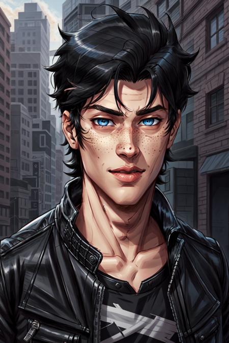 Xander Ellis,  1boy,  male focus,  solo,  looking at viewer,  short hair,  blue eyes,  black hair,  jacket,  upper body,  lips,  black jacket,  freckles,  realistic,  leather jacket, <lora:EMS-45587-EMS:0.400000>